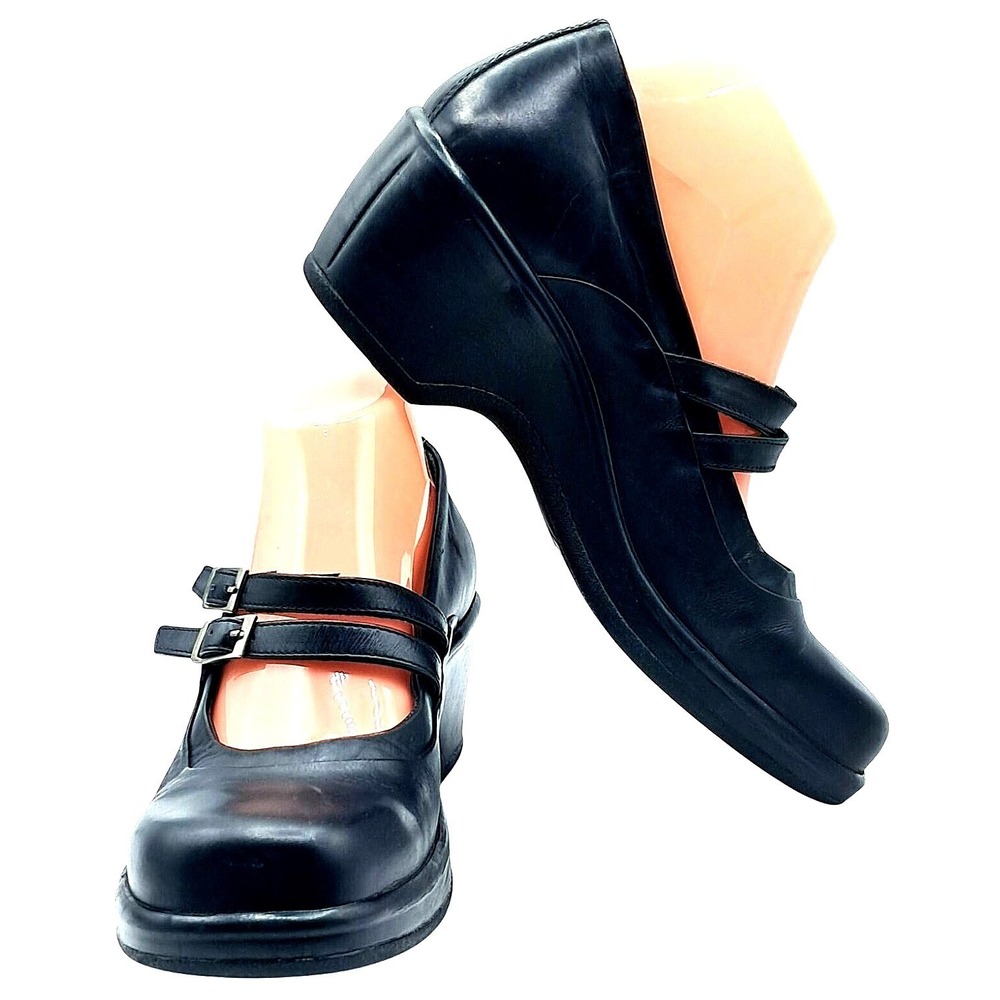 Vintage Dansko Mary Jane Wedge Shoes Women Size 41 Black Leather Double Buckle